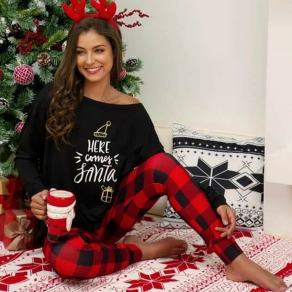 christmas santa red BLACK pajamas lounge pants set